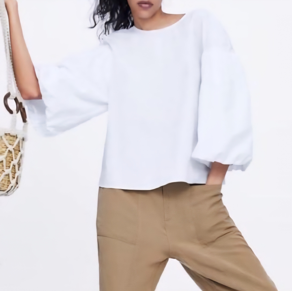 Zara White Cotton Blouse XS Balloon Puff Sleeve Summer Relaxed Boho Top - Picture 2 of 14